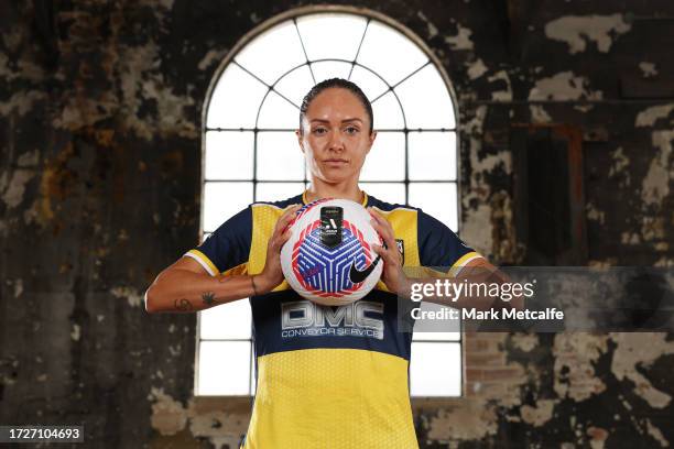 Kyah Simon of Central Coast Mariners poses during the A-Leagues 2023/24 Season Launch at Carriageworks on October 10, 2023 in Sydney, Australia.