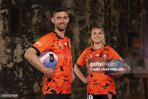 Chelsea Blissett and Jay O'Shea of Brisbane Roar pose during the A-Leagues 2023/24 Season Launch at Carriageworks on October 10, 2023 in Sydney,...