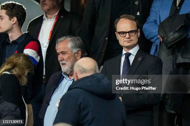 Rene BOUSCATEL President of LNR and Julien COLLETTE General Director of France 2023 during the Rugby World Cup 2023 quarter final match between...