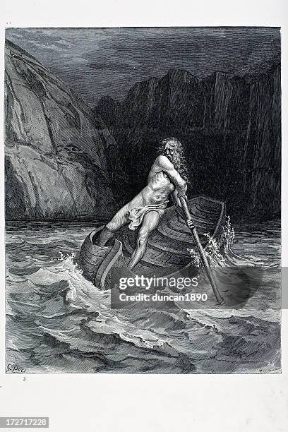 charon the ferryman of hell - inferno stock illustrations