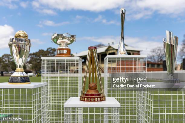 World Cup, Ashes and ICC T20 trophies and New Zealand Womens Cricket Council and India/Australia Womens Cricket trophies are seen during a Cricket...
