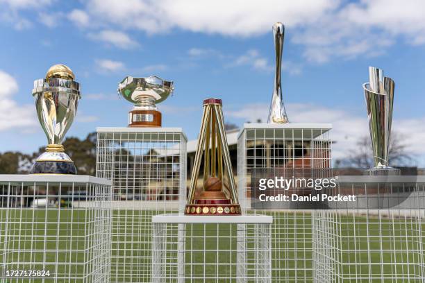 World Cup, Ashes and ICC T20 trophies and New Zealand Womens Cricket Council and India/Australia Womens Cricket trophies are seen during a Cricket...