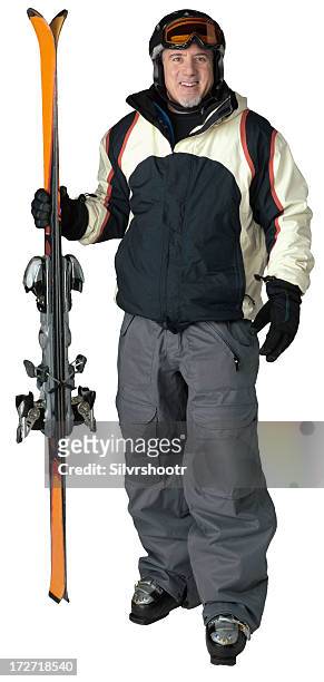 mid 40's skier on white - ski wear stock pictures, royalty-free photos & images