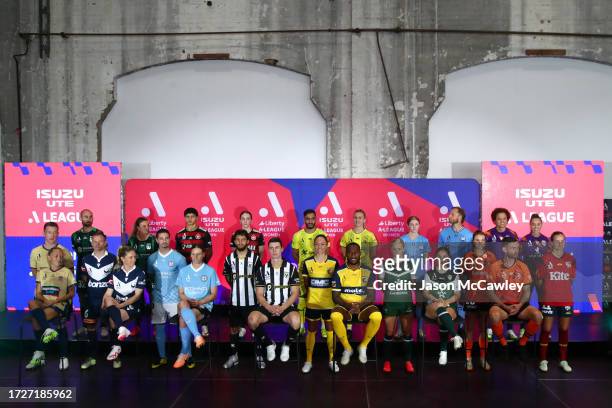 Players representing all clubs are seen on stage during the A-Leagues 2023/24 Season Launch at Carriageworks on October 10, 2023 in Sydney, Australia.
