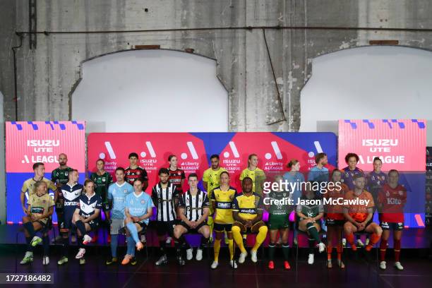 Players representing all clubs are seen on stage during the A-Leagues 2023/24 Season Launch at Carriageworks on October 10, 2023 in Sydney, Australia.
