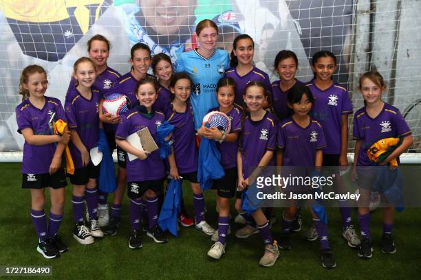 Cortnee Vine of Sydney FC and young players pose during the A-Leagues 2023/24 Season Launch at Carriageworks on October 10, 2023 in Sydney, Australia.