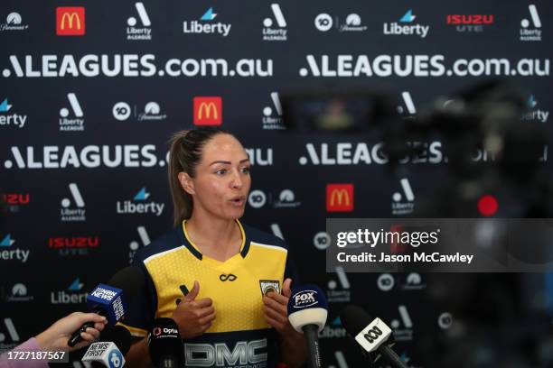 Kyah Simon of Central Coast Mariners speaks to the media during the A-Leagues 2023/24 Season Launch at Carriageworks on October 10, 2023 in Sydney,...