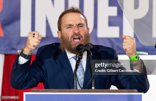 Rabbi Shmuley Boteach is seen on stage during Robert F. Kennedy Jr. Presidential Campaign Announcement on October 09, 2023 in Philadelphia,...