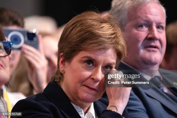 Former First Minister of Scotland Nicola Sturgeon gestures during a film about her career at The Event Complex Aberdeen on October 16, 2023 in...