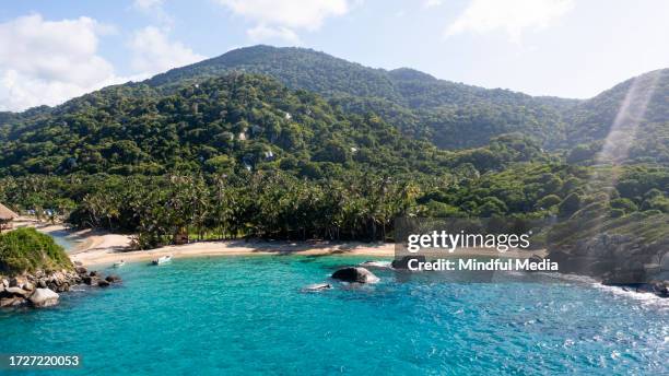 drone aerial view of cabo san juan coastline in tayrona national park, santa marta, colombia - colombia beach stock pictures, royalty-free photos & images