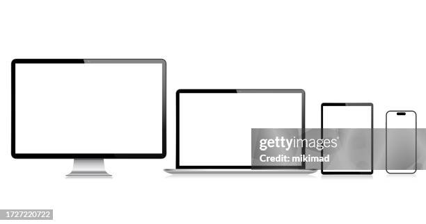 bildbanksillustrationer, clip art samt tecknat material och ikoner med realistic vector mockup digital tablet, mobile phone, smart phone, computer monitor and laptop. modern digital devices. transparent background. eps 10. - tv