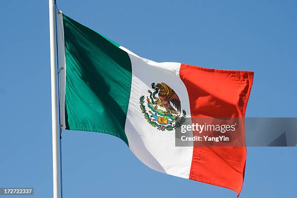 mexican flag, national banner of mexico waving against blue sky - mexican flag 個照片及圖片檔