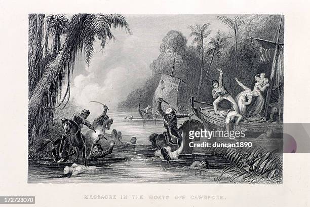 massacre in the boats off cawnpore. - genocide stock illustrations