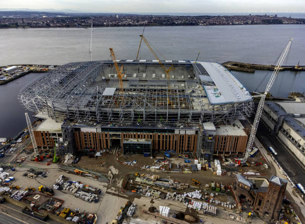 An aerial view as construction work continues on the site of Everton football club's new stadium, Bramley-Moore Dock, Liverpool.