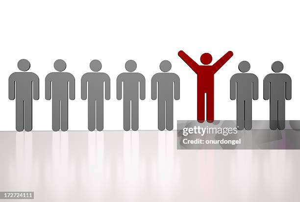 vector image of a row of gray men with red one jumping up - leadership vector stock pictures, royalty-free photos & images