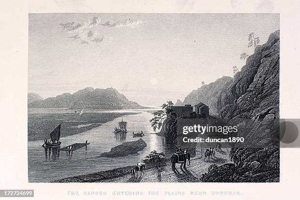 ganges at hurdwar - rural india stock illustrations