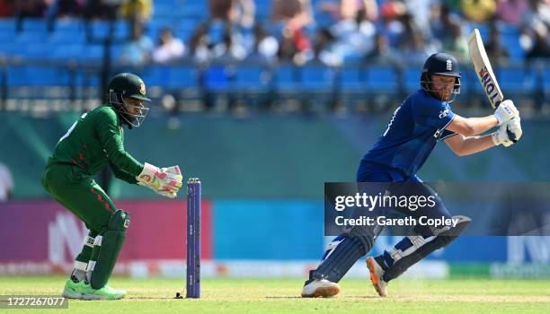 Jonny Bairstow of England plays a shot during the ICC Men's Cricket World Cup India 2023 between England and Bangladesh at HPCA Stadium on October...