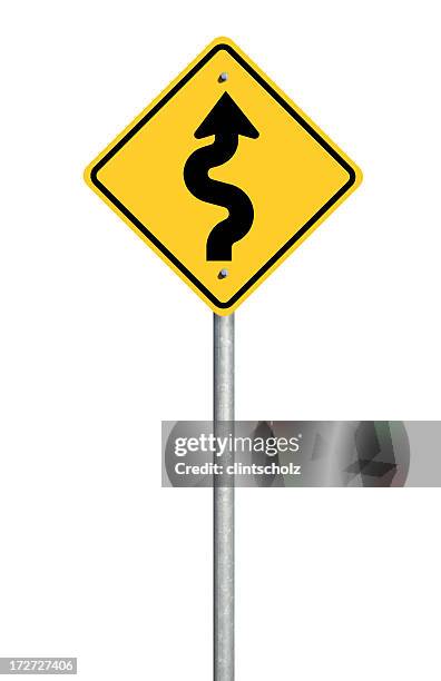 winding road sign - caution sign stock pictures, royalty-free photos & images