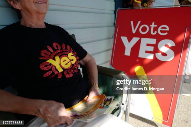 Yes" campaigners outside the early voting centre at Byron Bay Community Centre on October 10, 2023 in Byron Bay, Australia. A referendum for...