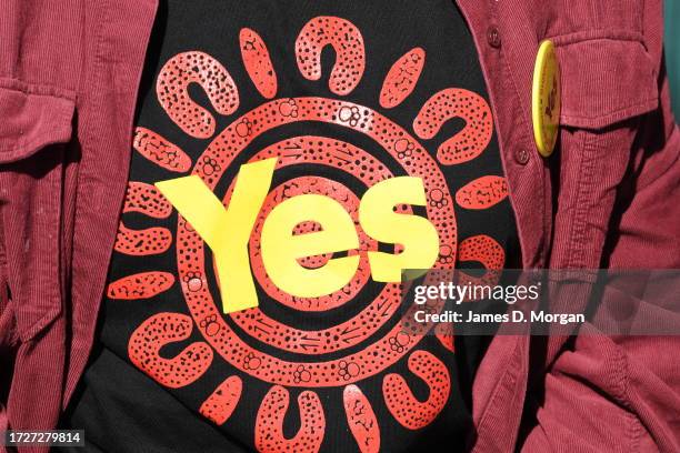 Yes" campaign signage outside the early voting centre at Byron Bay Community Centre on October 10, 2023 in Byron Bay, Australia. A referendum for...