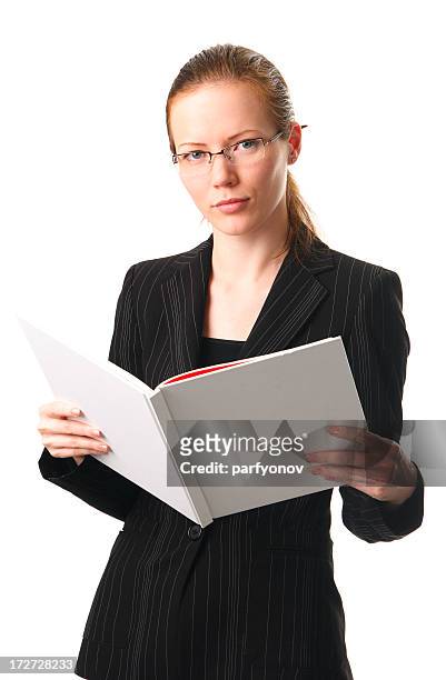 business woman with white book - reading glasses isolated stock pictures, royalty-free photos & images