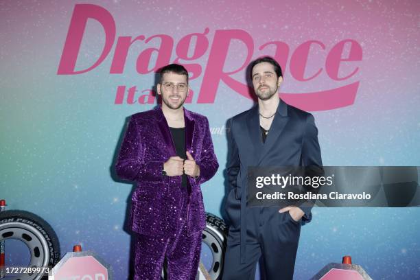 Edoardo Zaggia and Alberto Sacco attends the photocall for the third season of MTv Drag Race Italy on October 09, 2023 in Milan, Italy.