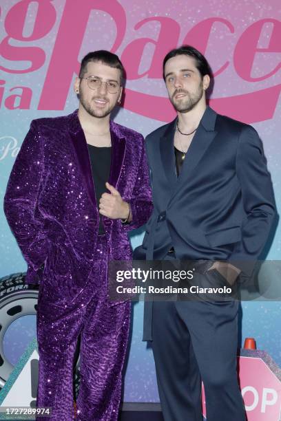 Edoardo Zaggia and Alberto Sacco attends the photocall for the third season of MTv Drag Race Italy on October 09, 2023 in Milan, Italy.