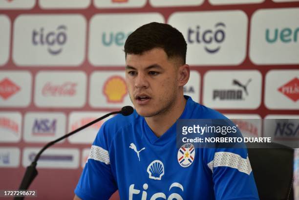 Paraguayan forward Richard Sanchez speaks during a press conference ahead the 2026 FIFA World Cup South American qualifiers football match against...