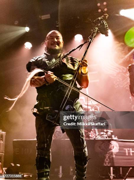 Galbadrakh "Gala" Tsendbaatar of The Hu performs at The Warfield on October 09, 2023 in San Francisco, California.