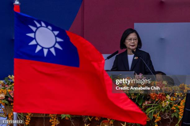 President Tsai Ing-wen delivers a speech during Taiwan National Day on October 10, 2023 in Taipei, Taiwan. Taiwan National Day, also referred to as...