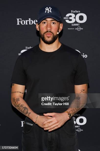 Bad Bunny attends the 2023 Forbes 30 Under 30 Summit at Cleveland Public Auditorium on October 09, 2023 in Cleveland, Ohio.