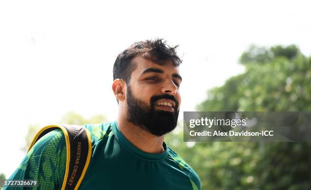 Shadab Khan of of Pakistan arrives at the stadium prior to the ICC Men's Cricket World Cup India 2023 between Pakistan and Sri Lanka at Rajiv Gandhi...