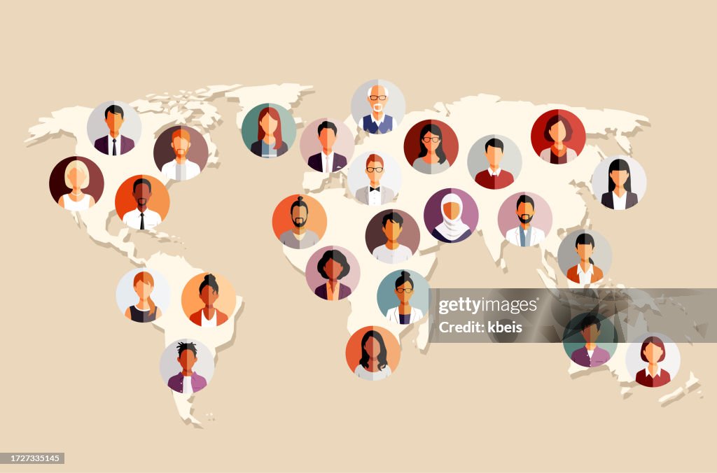 Retratos de pessoas no mapa do mundo