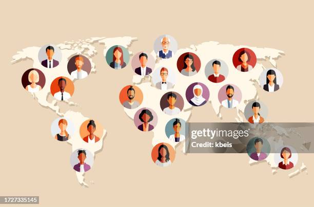 people portraits on world map - ethnicity icon stock illustrations