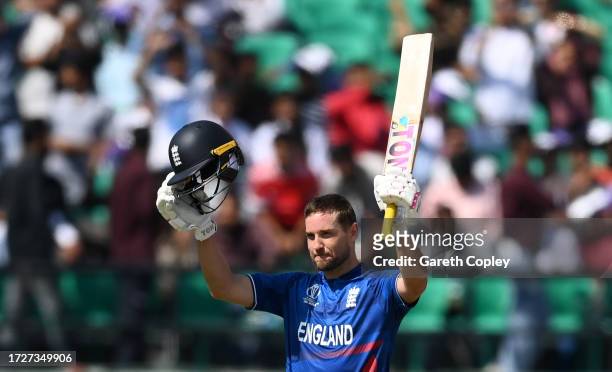 Dawid Malan of England celebrates their century during the ICC Men's Cricket World Cup India 2023 between England and Bangladesh at HPCA Stadium on...