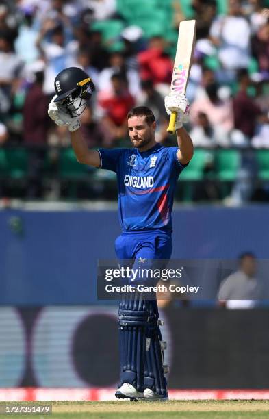 Dawid Malan of England celebrates their century during the ICC Men's Cricket World Cup India 2023 between England and Bangladesh at HPCA Stadium on...