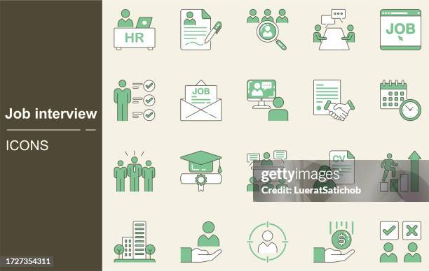 job interview icon set. recruitment, headhunting, career, resume, job hiring, candidate, human resource, salary, staff, employee, skills, leadership, training, resume, assessment, agreement, applicant - executive search stock illustrations