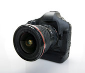 DSLR Camera Front view with zoom lens