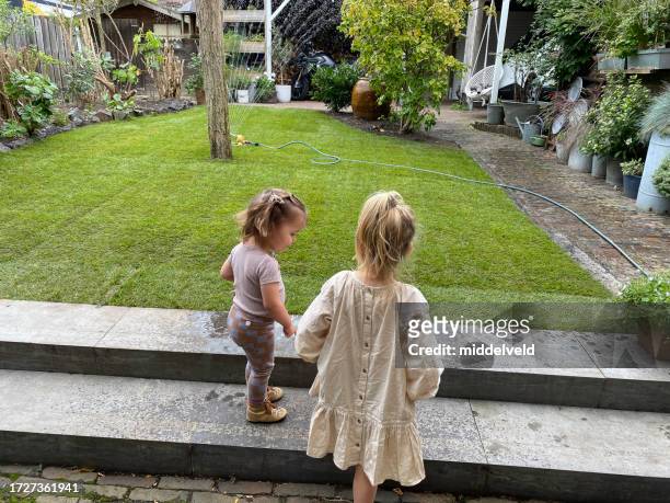 grandchildren watching the garden - sod field stock pictures, royalty-free photos & images