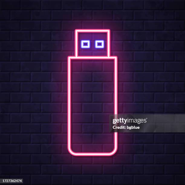 usb flash drive. glowing neon icon on brick wall background - security wall stock illustrations