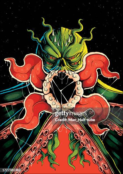cthulhu monster ready to embrace, horror poster - comic book cover stock illustrations