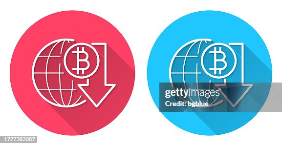 Bitcoin rate decrease. Round icon with long shadow on red or blue background Bitcoin rate decrease. Round icon with long shadow on red or blue background