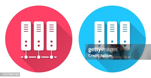 Computer server. Round icon with long shadow on red or blue background Computer server. Round icon with long shadow on red or blue background