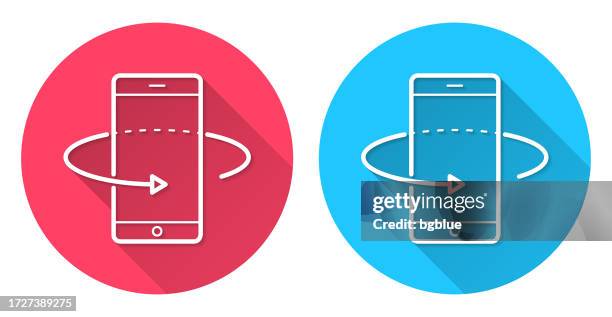 360 degree rotation with smartphone. round icon with long shadow on red or blue background - 360 tablet stock illustrations