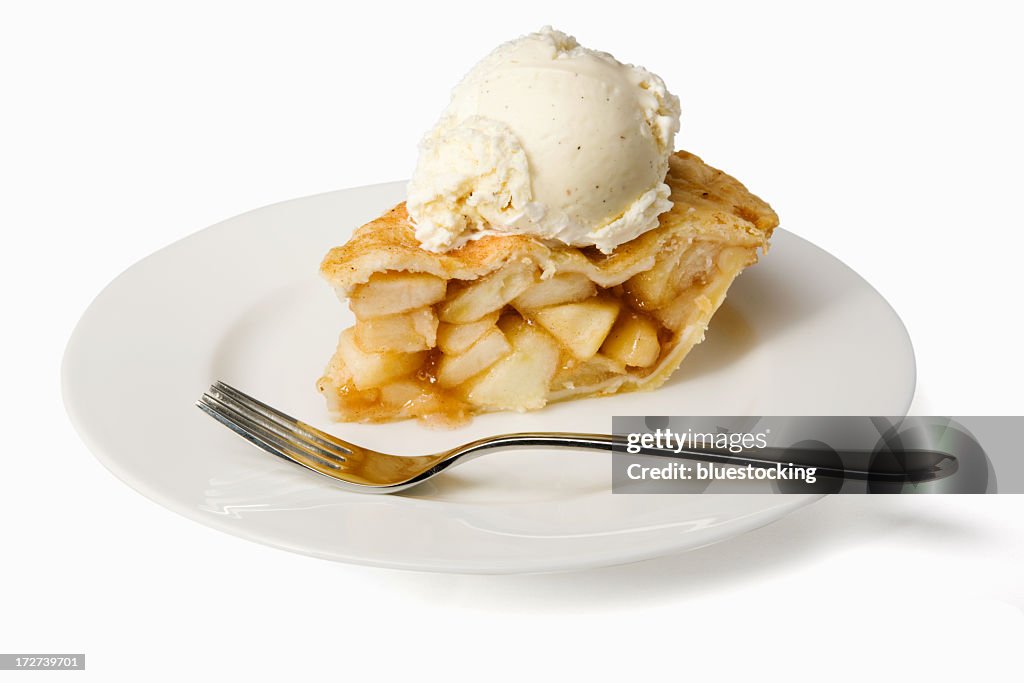 Slice of apple pie a la mode on a plate with a fork