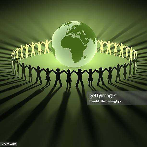 illustration of people with joined hands around a globe - planet observer stock pictures, royalty-free photos & images