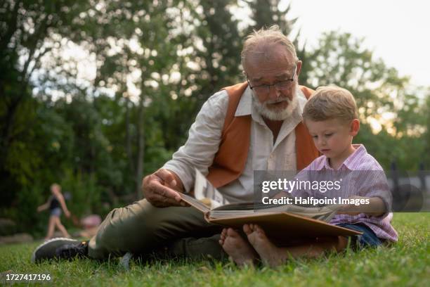 grandfather and grandson are looking at a photo album in the park - genealogy stock pictures, royalty-free photos & images