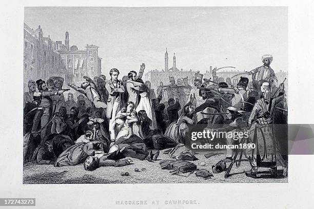 ilustraciones, imágenes clip art, dibujos animados e iconos de stock de masacre en cawnpore - genocidio