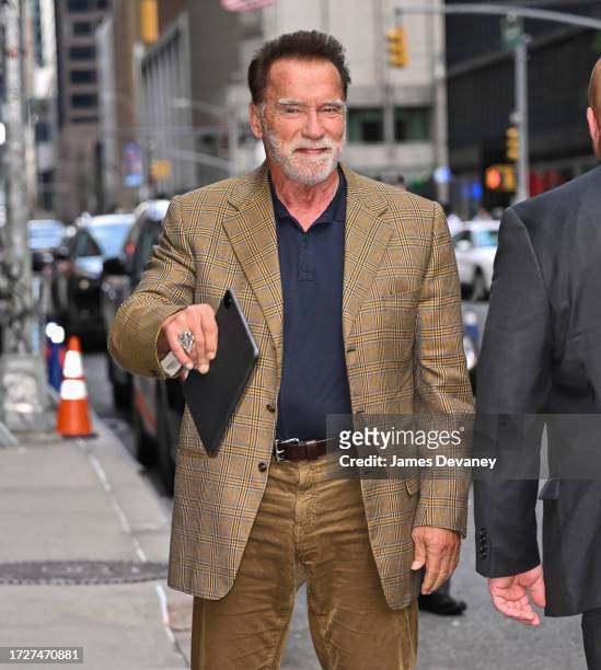 Arnold Schwarzenegger arrives to 'The Late Show With Stephen Colbert' at the Ed Sullivan Theater on October 09, 2023 in New York City.