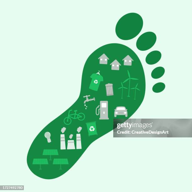 ilustraciones, imágenes clip art, dibujos animados e iconos de stock de huella de carbono con símbolos ambientales. concepto reducir la huella de carbono y salvar el planeta - huella de carbono